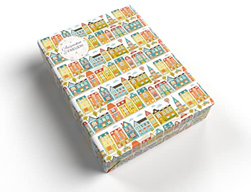 Geschenkpapier Häuser Geschenkverpackung für kleine Geschenke für Geburtstag Weihnachten Hochzeit (5 Bögen + 5 Aufkleber Blumen + 18 Verschlusspunkte)