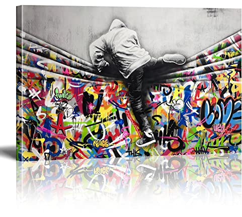 Banksy Style – Behind the Curtain Graffiti Art Pop Street – Leinwandbild, gerahmt, verschiedene Größen, Giclée-Kunstwerk, Heimdekoration, 80 x 140 cm (32 x 55 Zoll) mit Rahmen