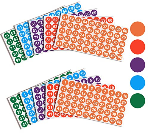 Cobee Nummernetiketten, 2,5 cm, 1-100, Selbstklebend, Rund, Vinyl - Inventaretiketten für Schule und Büro (10 Blatt, 5 Farben)