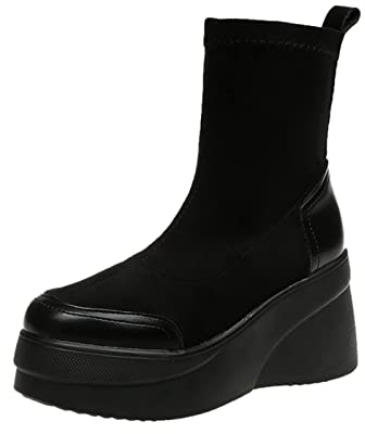 MaNMaNing Scarpe Stivali corti alla con tacco a zeppa e plateau in tinta unita da donna in stile britannico Scarpe Donna 2022 (Black, 38)