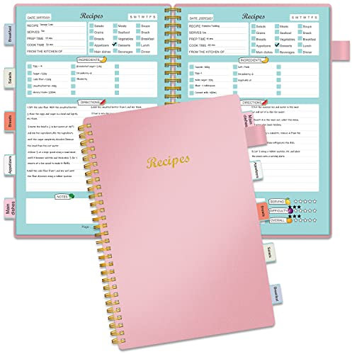 Rezeptbuch zum Einschreiben eigener Rezepte, Blanko-Rezeptbuch mit Tabs für Familienkochliebhaber, 120 Seiten Rezeptorganisator, 21,6 x 14 cm, Rosa