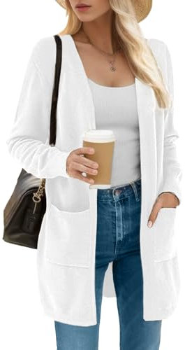 IWOLLENCE Strickjacke Weiß Damen Vorne Offen Feinstrick Langarm Cardigan Mit Taschen