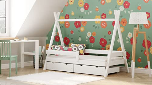 Générique Bett Tipi Kiefer 200 x 90 cm, mit 2 Schubladen, Weiß
