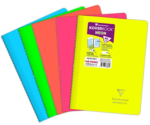 Clairefontaine 376623C Un Cahier à Spirale Koverbook Neon - A4 21x29,7 cm - 160 Pages Petits Carreaux avec Marge - Papier Blanc 90 g - Couverture Polypro Opaque - Couleur Aléatoire