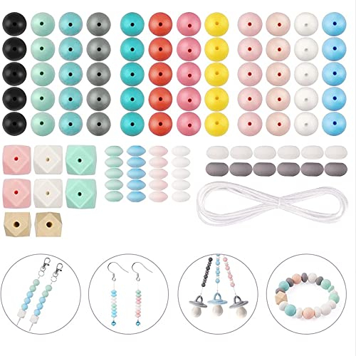 Glorlliant 100 Pièces Perles en Silicone pour Fabrication de Bijoux Bracelets DIY Décoration, Hexagonales Rondes 12mm 15mm avec 1.5m Fil Coton Bracelet