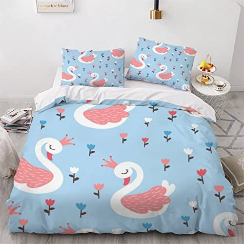 VASENA Bettwäsche Schwan Bettwäsche 135x200 Kinder Blumig Frisch Bettbezug Set Weich Microfaser Kinderbettwäsche 3 Teilig Mit ReißVerschluss Mit 2 Kissenbezug 80x80 cm