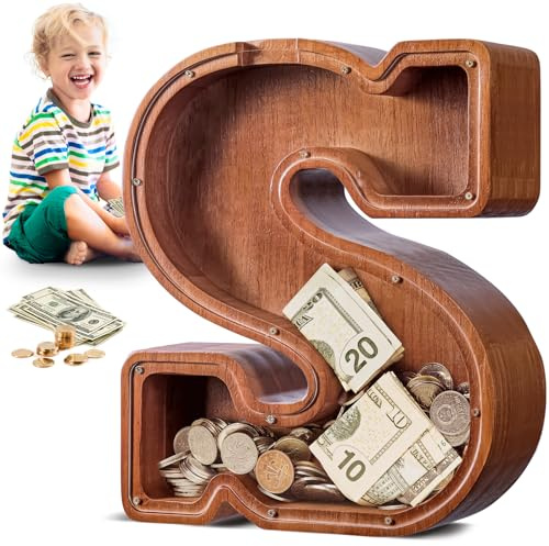 Summidate Hucha Grande de 12 Pulgadas Letra y Formas de Animales - Hucha de Madera Gruesa y Estable, Hucha Transparente Gran Capacidad para Monedas y Billetes, Regalo de Nacimiento