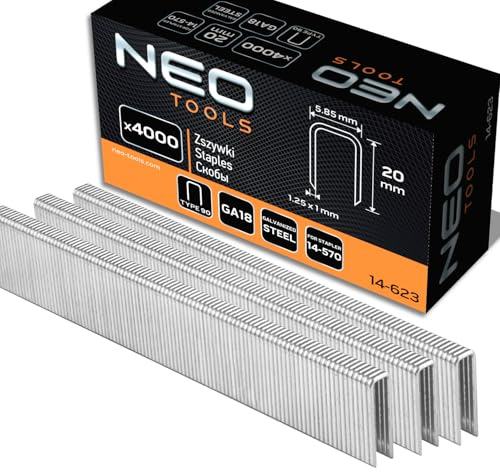 NEO TOOLS Verzinkte Heftklammern für Drucklufthefter (20 mm) | Modell 14-570, GA18, Typ 90 (4K), Länge 10-40 mm, 4000 Stück, Aus Stahldraht, Korrosionsbeständig