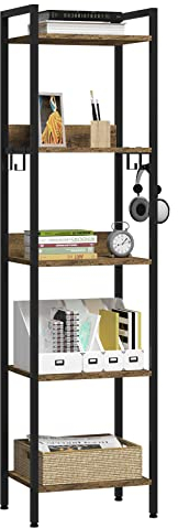 EUGAD Bücherregal mit 5 Ebenen, Standregal industriell, freistehendes Regal, Aufbewahrungsregal für Büro Wohnzimmer Schlafzimmer Küche,mit 4 Haken, Schwarz +Vintage Holzoptik, 40x30x152,5cm