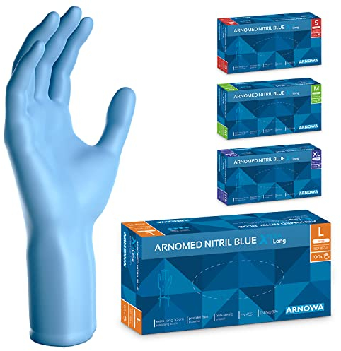 ARNOMED Gants jetables Bleu Extra Longs, gants jetables de 30cm de long en L, Gants en nitrile jetables Extra Épais, 100 pcs/boîte, gants en caoutchouc longs jetables, gants nitrile en S, M, L & XL