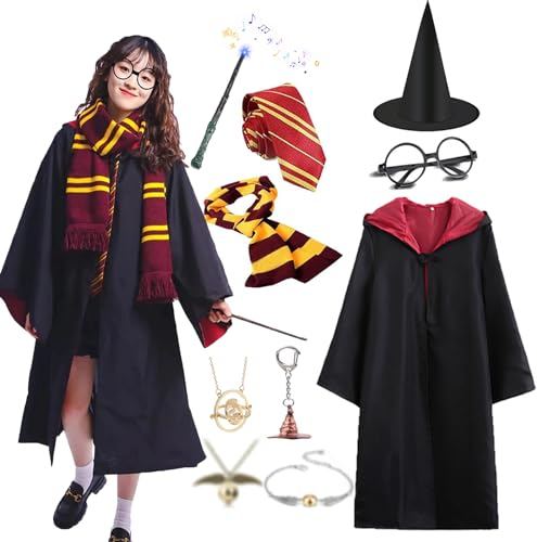 JMOCD Magier Robe, Cosplay Kostüm mit Magier Robe,Gestreifte Krawatte,Hut,Zauberstab,Halstuch,Brille,Vintage-Armband,Halskette,Schlüsselbund für Halloween