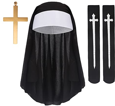 Nonnen Kostüm Halloween 3 Stücke Nonnen Sätze Klosterfrau Kostüm Inklusive Nonnenkopfschmuck, Kreuzkette und Sexy Kniestrümpfe Rollenspiel Zubehör für Halloween, Karneval, Themenparty, Kostümparty