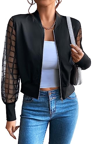 GORGLITTER Blouson Jacke Damen Bomberjacke Dünne Übergangsjacke Langarm Bikerjacke Kurz Bomber Jacket Pilotenjacke Schwarz M