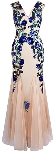 Angel-fashions Damen Kleid mit tiefem V-Ausschnitt, Rosen-Pailletten, Etuikleider, Königsblau, Mittel