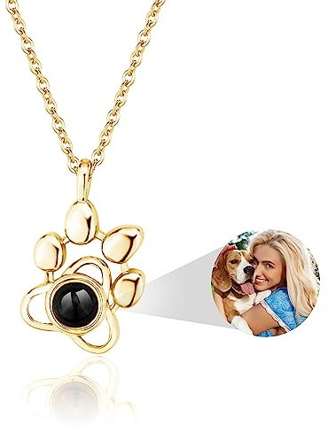 Easycosy Personalized Photo Projection Necklace Custom I Love You 100 Languages Dog Paw Pendant Jewelry Memorial Gifts with Picture Inside for Dog Lover Women Men(Gold)