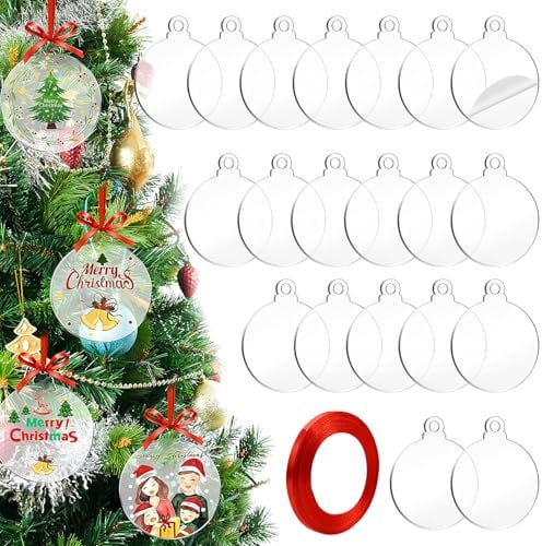 Clear Acrylic Disc Ornaments - 20PCS 3 Inch Baubles with Red Ribbon for Christmas Tree Decoration