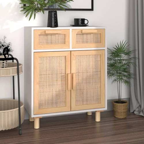 HEYBB Sideboard Weiß 60x30x75 cm Sideboard Wohnzimmer Schrank Flur Schrank KüChe Sideboard Flur Wohnzimmerschrank Massivholz Kiefer und Natur-Rattan