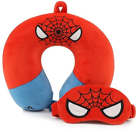 Superhero Travel Pillow for Kids & Adults with Sleep Eye Mask, Memory Foam U-Shaped Neck Pillow with Washable Cover, Soft Head Support Travel Accessories for Airplane Car Train Bus Recline, Red