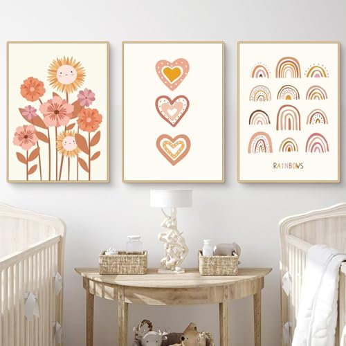 Herfair 3er Set Poster für Kinderzimmer Boho Deko Bilder Babyzimmer - Wandbilder Schlafzimmer Sonne Regenbogen Babyzimmer Wanddeko Mädchen Junge ohne Rahmen (A,21x30cm A4)