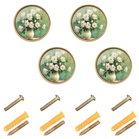 Sevdomey Boutons de placard décoratifs ronds en zinc massif avec roses blanches pour salle de bain, commode, armoire et armoire, 3,8 cm