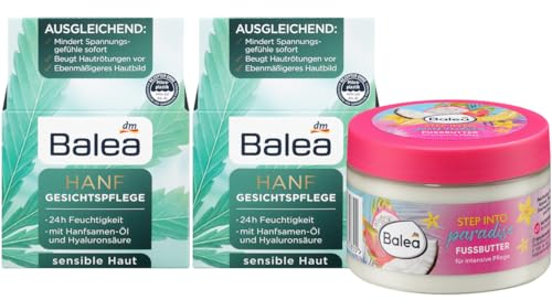 Balea 3er-Set Hautpflege: Tagescreme HANF intensive Feuchtigkeit für sensible Haut mit Hanfsamenöl & Hyaluronsäure (2 x 50 ml) + Fußbutter STEP INTO PARADISE intensive Fußpflege (150 ml), 250 ml