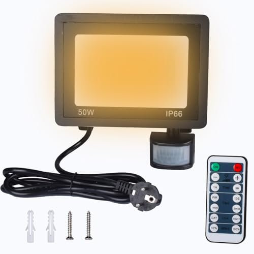 Etrogo 50W LED Strahler mit Bewegungsmelder Außen mit Fernbedienung Lichtsenso 3000K Warmweiß 5000Lm Dimmbar 72Leds IP66 Wasserdicht Fluter für Garten Garage Sportplatz