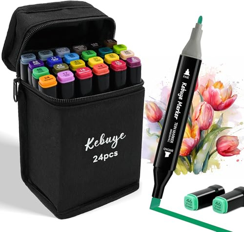 Kebuye Alcohol Markers 24 Colors, Drawing Markers for Adult Coloring Books No Bleeding Dual Tip Art Markers, Coloring Marker for School Sketching Writing Alcohol Based Marker with Base