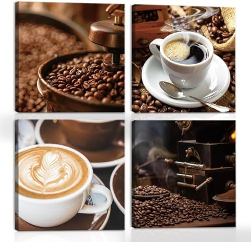 HPNIUB Framed Coffee Wall Art Kitchen Wall Decor,Vintage Cafe Pictures Coffee Bar Decor Dining Room Poster,Set of 4(40x40cm) Modern Wall Decor For Cafe Dining room Kitchen
