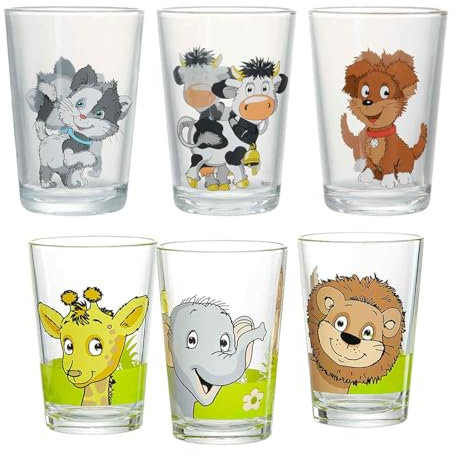 Ritzenhoff & Breker Juego de 6 vasos infantiles de animales de granja y animales de la selva, 205 ml, tazas impresas para niños con motivos de animales, aptos para lavavajillas