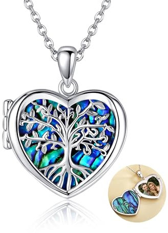 DAYLINLOVE Tree Of Life Locket Necklace 925 Sterling Silver Heart Shaped Abalone Locket Necklace That Holds Pictures