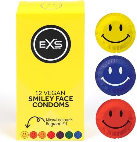 EXS Smiley Face Condoms (12 Pack) Regular Fit, Premium Latex with Non-Spermicidal Lube, Flared-Shape with Teat, PETA-Approved Vegan Condom, 3 Year Life - CE Marked NHS Approved Male Condoms