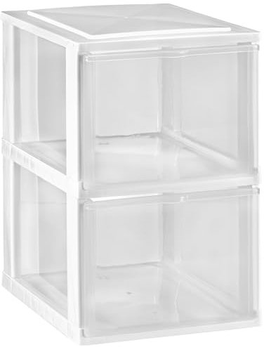 Hummelladen Schubladenbox DIN A4 mit 2 hohen Schubladen 34,5x26x39 cm - Weiss-transparent Kunststoff Drawer Tower Box Organizer für Schreibtisch Easy-Pull-System