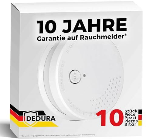 Rauchmelder 10er Set - 10 Jahre Garantie mit 9V Batterie austauschbar - nach DIN EN14604 von BSI zertifizierter Feuermelder, Rauchwarnmelder und Brandmelder