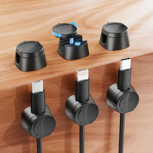 Maveek Cable Clips 6 Pack, [360° Rotating Twist Lock] Magnetic Cable Management Clips, Self Adhesive Cord Organiser Desk Tidy, Charger USB Cord Wire Organiser for Desk, Office, Home, Car - Black