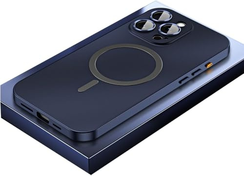 Generisch Fully Wrapped Mobile Phone Case Magnetic Charging Alumianum Metal Bumper Matte Shell for iPhone 17/16/15/14/13/12, Alloy Magnetic Slim Case Camera Lens Protect (16pro max,Titanium Blue)