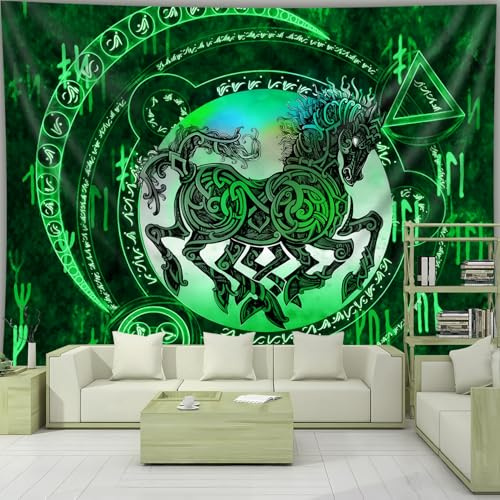 Arsey Wandteppich Schwarzlicht UV Wandteppiche, Wikinger Runen Wandtuch mit Odin Pferd Motiv für Party & Geburtstagsdeko, Psychedelic Hippie, Pferdeliebhaber Geschenk, Grün, 300 x 180 cm
