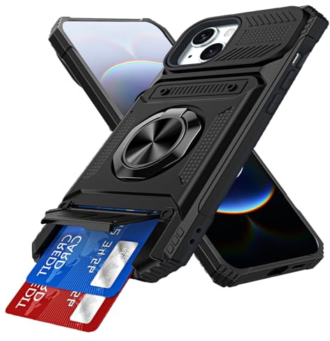 IMEIKONST Coque pour iPhone 14/13 6.1 avec Porte Carte Noir TCKB | Anneau Magnétique Béquille, Protection Caméra, Silicone Protection Militaire Antichoc Étui, PC Dur Anti-Rayures Housse