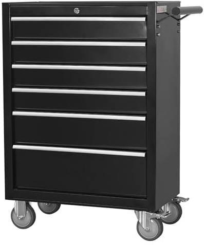 Servante d’Atelier avec 7tiroirs,Caisse à Outils en métal de grande capacité | avec roues et serrure à clé | chariot à outils de rangement roulant pour garage, etabli atelier garage. (Noir, 6 Tiroirs)