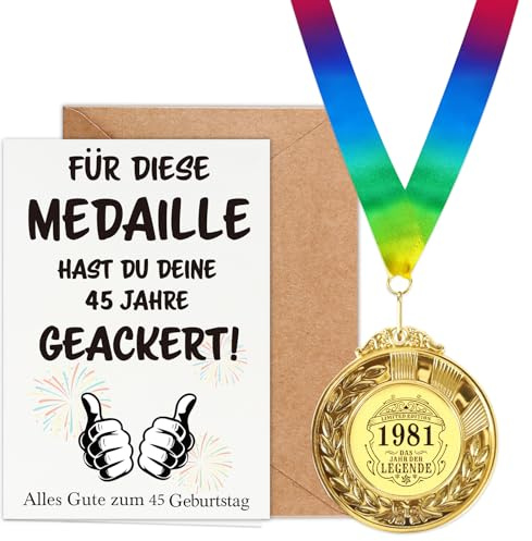 WenmthG 45 Geburtstag Geschenk mit Medaille, Geburtstagskarte, Umschlag - 45 Geburtstagsgeschenk für Männer und Frauen - Lustige Geburtstagsgeschenke - Alles Gute zum 45 Geburtstag
