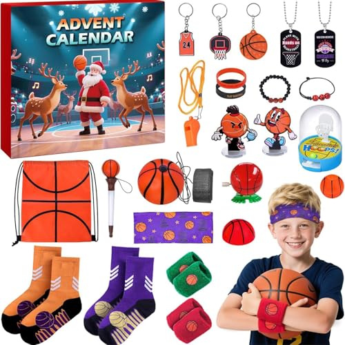 Basketball Adventskalender, 24 Tage Weihnachts-Countdown mit Sportartikeln und Dekorationen, Überraschungsbox-Geschenk für Jugendliche, Jungen und Mädchen
