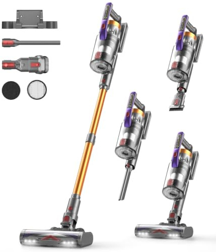Staubsauger Kabellos 50KPA/600W/75Mins, 1.8L Akku Staubsauger mit LED-Display&Anti-Tangle-Bürste, Selbststehend, Ultraleise Cordless Vacuum Cleaner, für Tierhaare/Teppiche/Hartböden/Auto