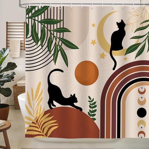 hometrixx Rideau de Douche Boho Chat Feuilles Soleil Lune Abstrait 180x200 | Imperméable Polyester, Infroissable, Séchage rapide, Rideaux de Douche pour Salle de Bain, Lavable en Machine 12 Crochets