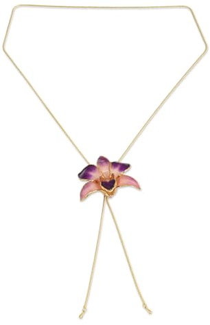 NOVICA Artisan Handmade Natural Orchid Flower Necklace Gold Plated Leaf Y Thailand Floral [31.5 in L Pendant(s) 2 in L x 1.8 in W x 1 in D] ' Purple Perfection'