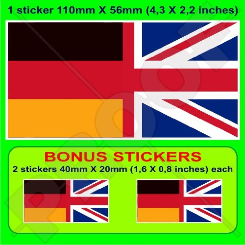 Vinyl-Aufkleber mit Deutschland-Flagge, britische Union Jack, Deutschland, Großbritannien, 110 mm, 1 Stück + 2 Bonus
