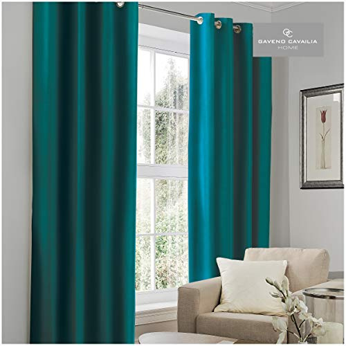 Gaveno Cavailia Luxury Thermal Fully Lined Pair of Eyelet BLACK OUT CURTAINS Teal 90x90 In