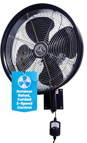 HydroMist F10-14-011 18 Shrouded Outdoor Wall Mount Oscillating Fan, 3 Speed On Cord, 0.15 HP, 1.05 Amps, Black
