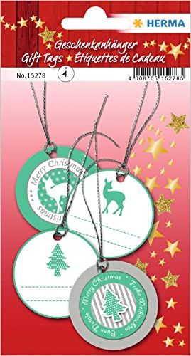 HERMA 15278 Geschenkanhänger Weihnachten zum Beschriften Glitzer Grün Weiß rund, 4 Stück, Weihnachtsanhänger mit Weihnachtsmotiv, Kinder Hängeetiketten für Geschenke Weihnachtsdeko Dekoration DIY