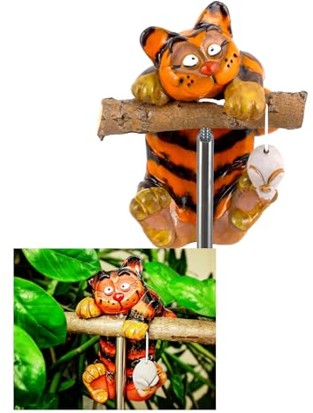 Midene Gartenstecker Keramik Handgefertigt - Gartendeko für Draußen Wetterfest - Garten Deko Keramik - Gartenfiguren & Gartenstatuen - Katze mit Maus