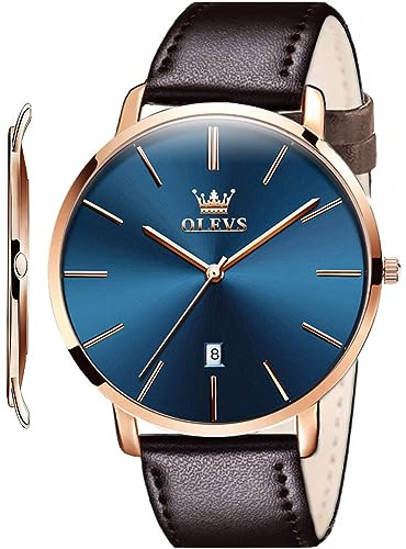 OLEVS Mens Watches Minimalist Ultra Thin Fashion Casual Analog Quartz Date Watch Waterproof Slim Simple Big Face Dress Wrist Watch Leather Band for Men