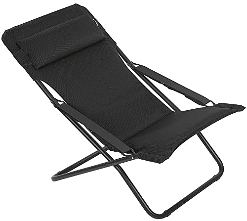 LAFUMA MOBILIER - Gepolsterte Mehrpositions-Sonnenliege TRANSABED - Robustes AirComfort Gewebe -Klappbarer Liegestuhl für Terrasse, Pool, Garten - 3 Positionen, Höchster Komfort, France -Schwarz Stahl